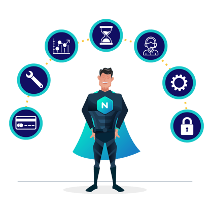 Navvia Super Hero with Service Management Office icons surrounding him