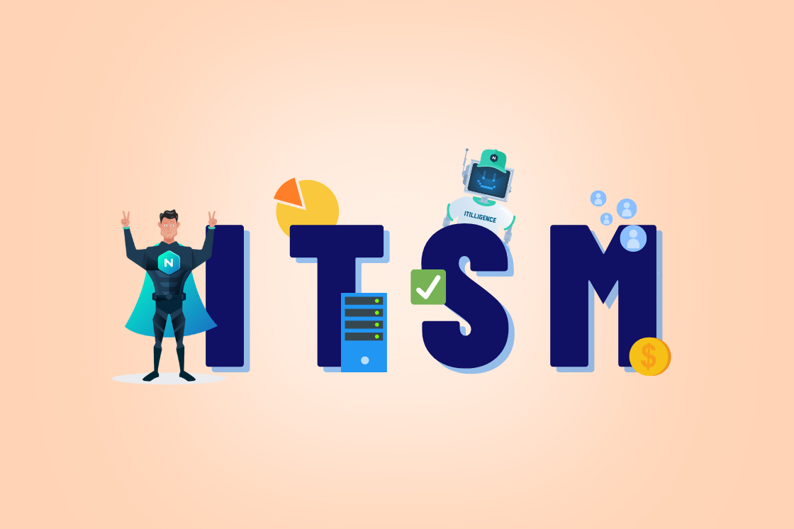 A playful illustration of it service management (ITSM) featuring a super-heroic figure, engaging graphical elements.