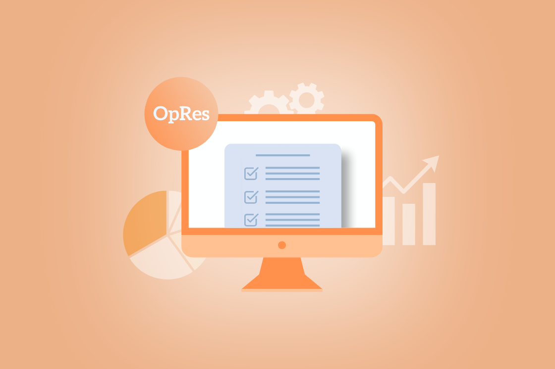 A computer monitor displays a checklist in front of faded icons of a pie chart, gears, and a rising bar graph, with a speech bubble labeled 