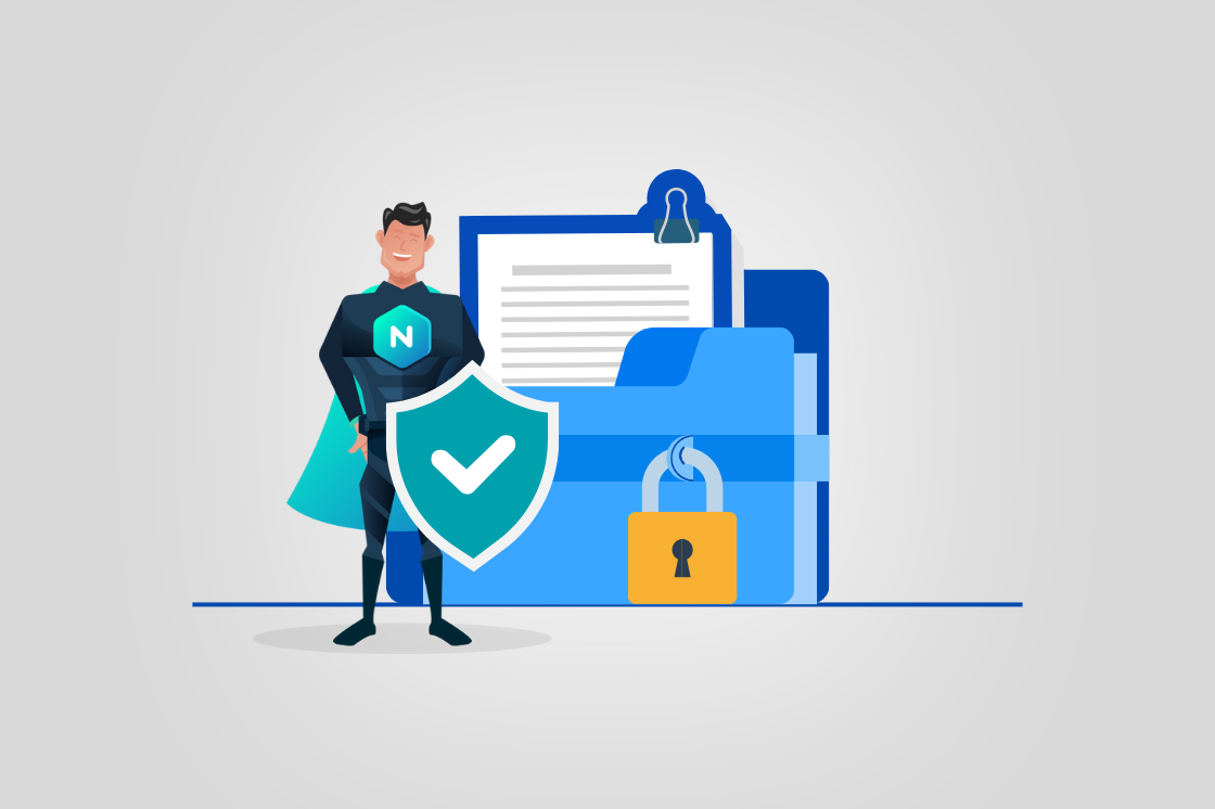 Illustration of a superhero with a shield in front of documents, a folder, and a lock, symbolizing data protection or cybersecurity.