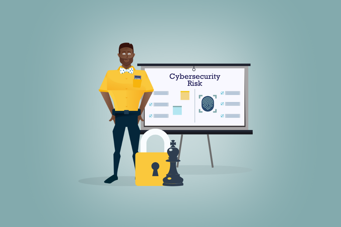 A man stands beside a presentation board labeled 