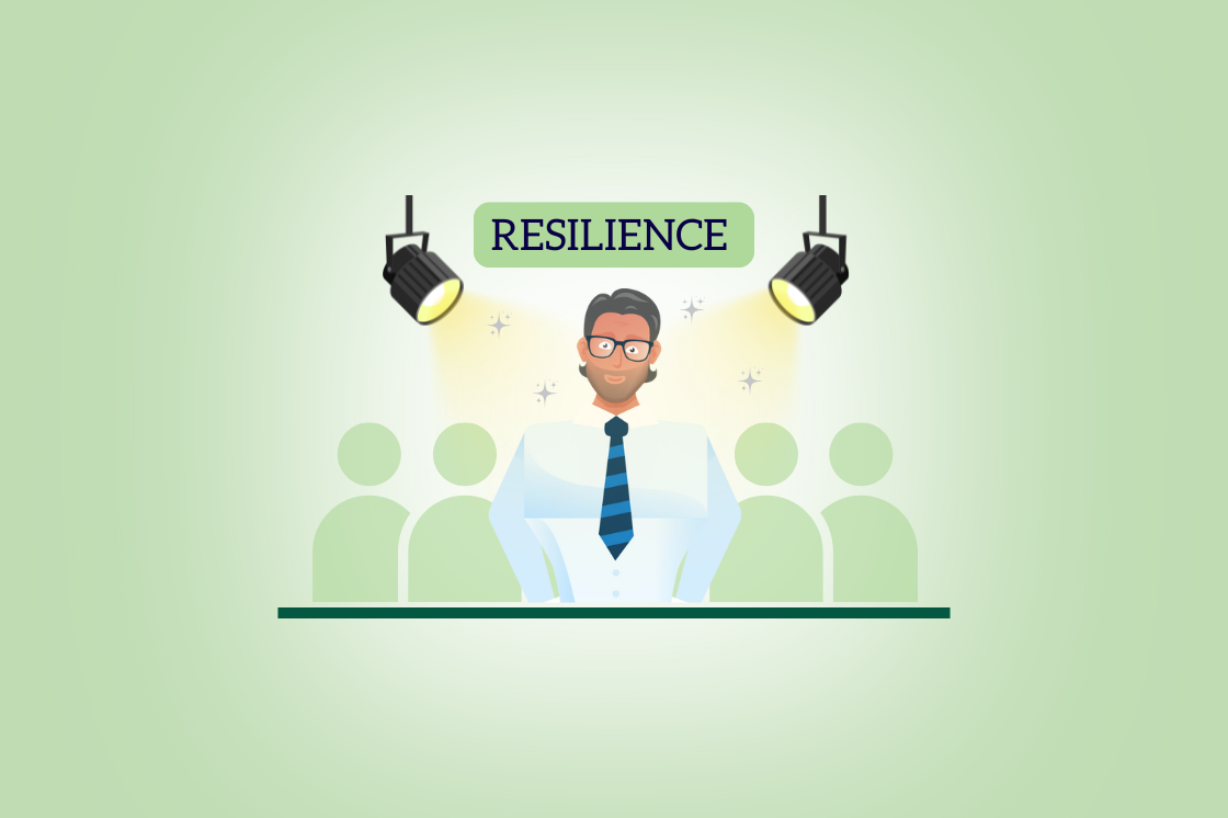 Illustration of a confident person in a tie under spotlights with the word 