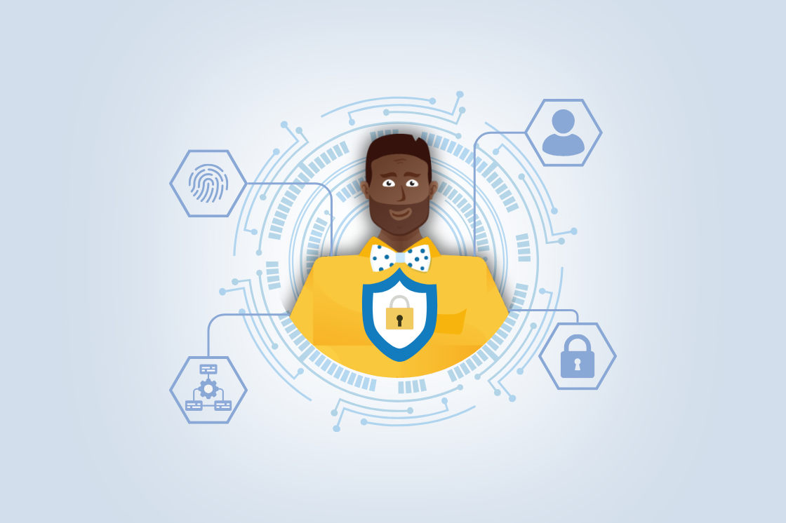  Illustration of a person with a digital security shield on their chest. The background shows icons of a fingerprint, user, lock, and network connectivity, suggesting cybersecurity or data protection while subtly addressing the illusion of security in the digital realm.