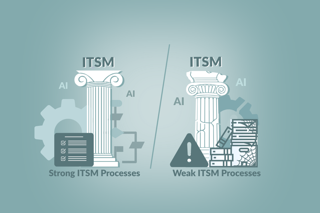 Illustration comparing strong ITSM processes with weak ITSM processes, featuring a pillar on each side. The left side shows a strong process with checklists and gears, while the right side depicts a weak process with warning signs and cluttered stacks of items. Both sides include the text 