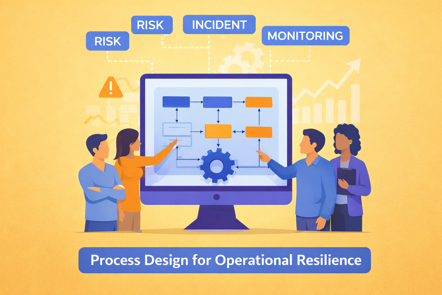 Four people discuss a process flow diagram on a large computer screen, with labels for risk, incident, and monitoring, illustrating process design for operational resilience