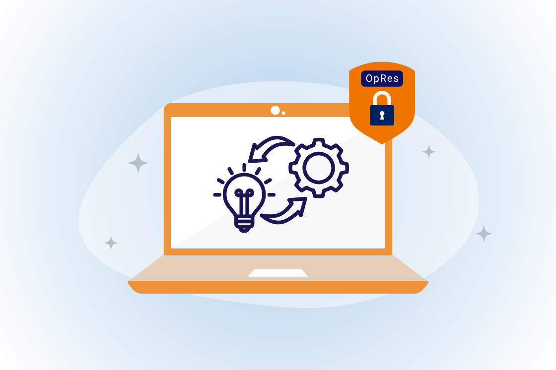 An illustration of a laptop displaying a light bulb and gear with arrows, and a security shield labeled