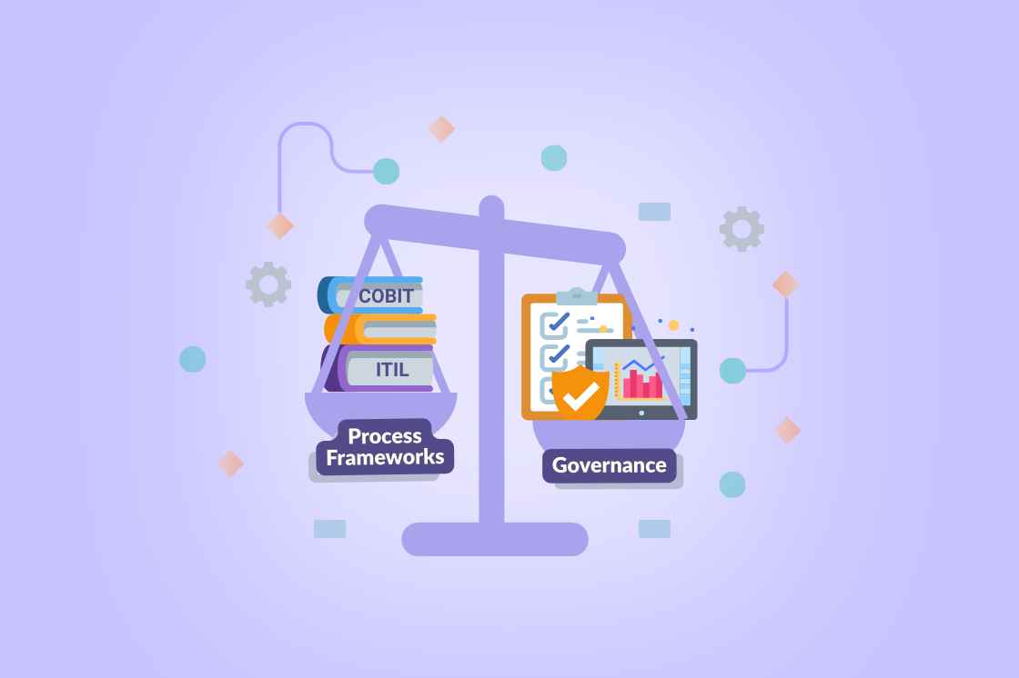 An illustration of a balanced scale with books labeled COBIT and ITIL on one side marked 