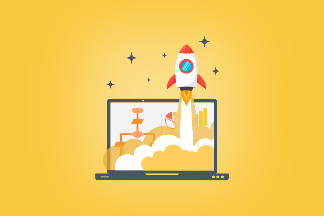 Execution of business processes, rocket taking off from a screen