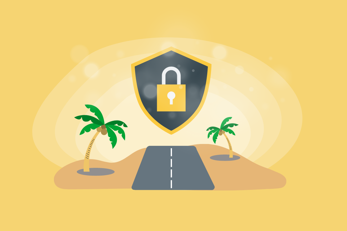 A road lined with palm trees, featuring a prominent padlock, symbolizing the illusion of security in a tropical setting.