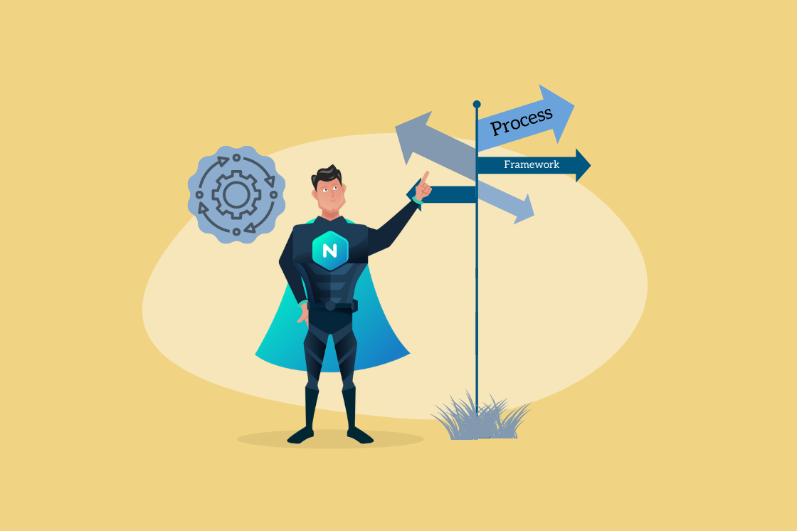 The Navvia Super Hero points out the direction pole of the process framework