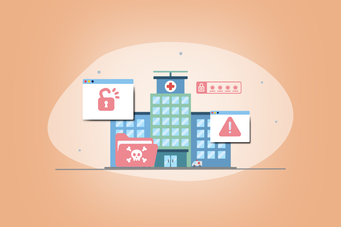 Illustration of a hospital building surrounded by warning icons for a security breach, including an open padlock, alert sign, and virus symbols.