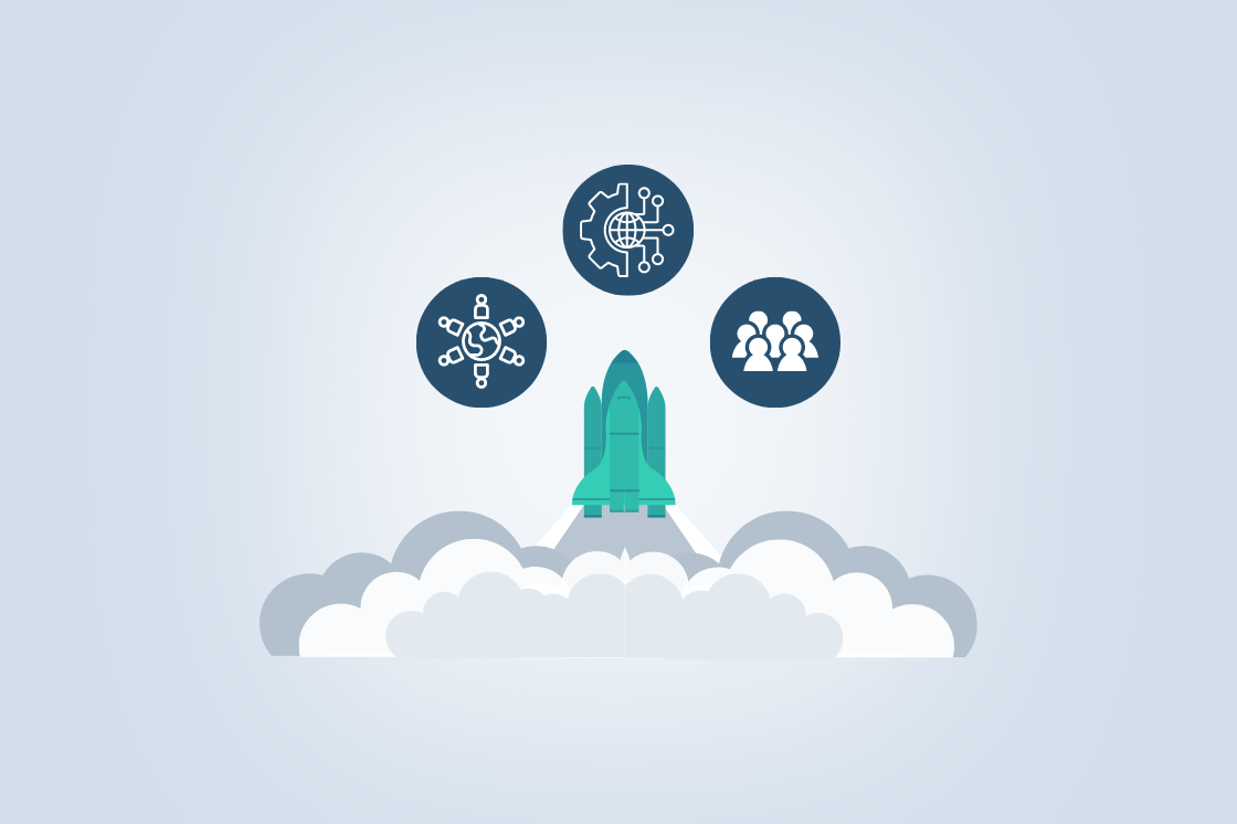 A rocket launching through clouds with icons symbolizing technology, innovation, and teamwork above it, representing the Three Elements to a Successful Digital Transformation.