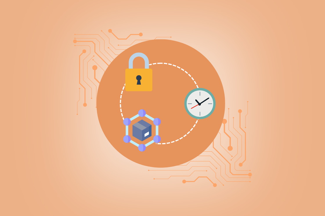 A circular diagram with a lock, a clock, and a blockchain node connected by dashed lines, set against an orange background with circuit patterns.