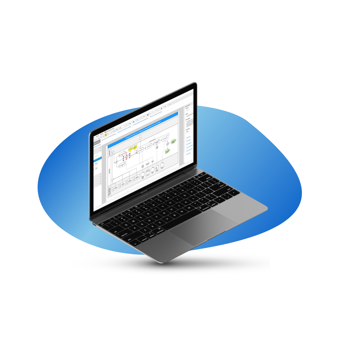 A laptop displaying a flowchart diagram on its screen, set against a blue abstract shape on a white background.