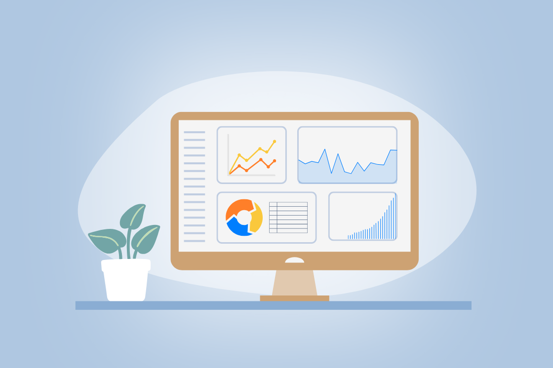 Illustration of a computer monitor displaying various charts and graphs, with a potted plant beside it