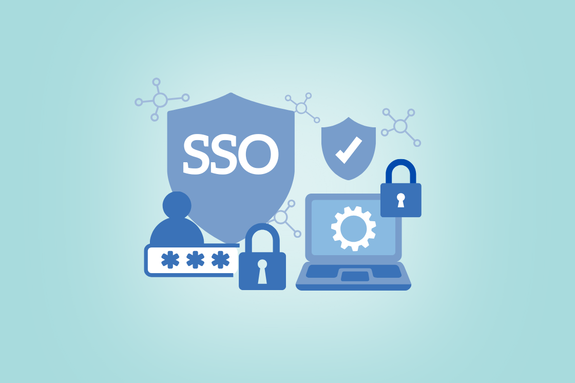 Illustration of SSO (Single Sign-On) concept with security icons, including shields, padlocks, a user profile, and a laptop, on a light blue background.