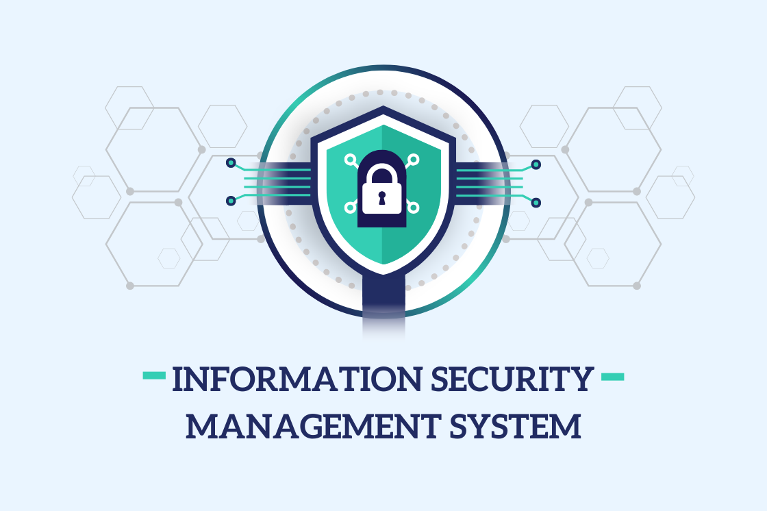 Illustration of a shield with a lock, surrounded by digital circuit lines, symbolizing information security management. Text below reads, 