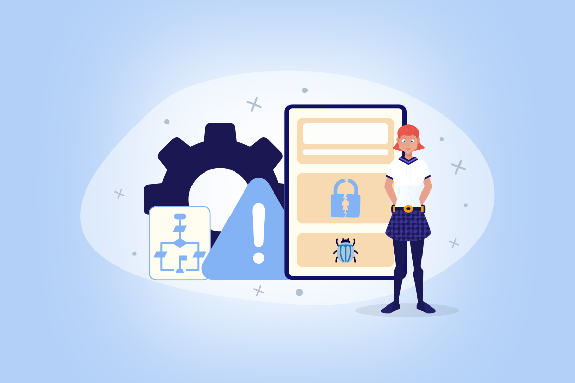 Illustration of a student standing beside icons representing cybersecurity, including a gear, warning sign, lock, bug, and flowchart on screens.