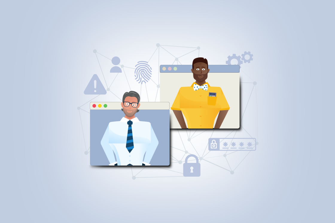 Illustration of two men in separate computer windows, one in a suit and tie and the other in a yellow shirt, with cybersecurity icons and network graphics in the background.