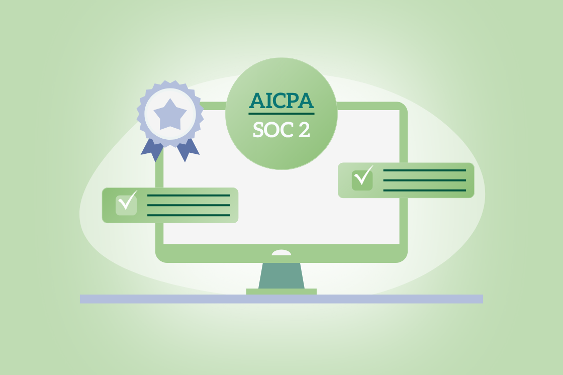 Illustration of a computer monitor displaying -AICPA SOC 2- with a certificate ribbon and two check-mark boxes, on a light green background
